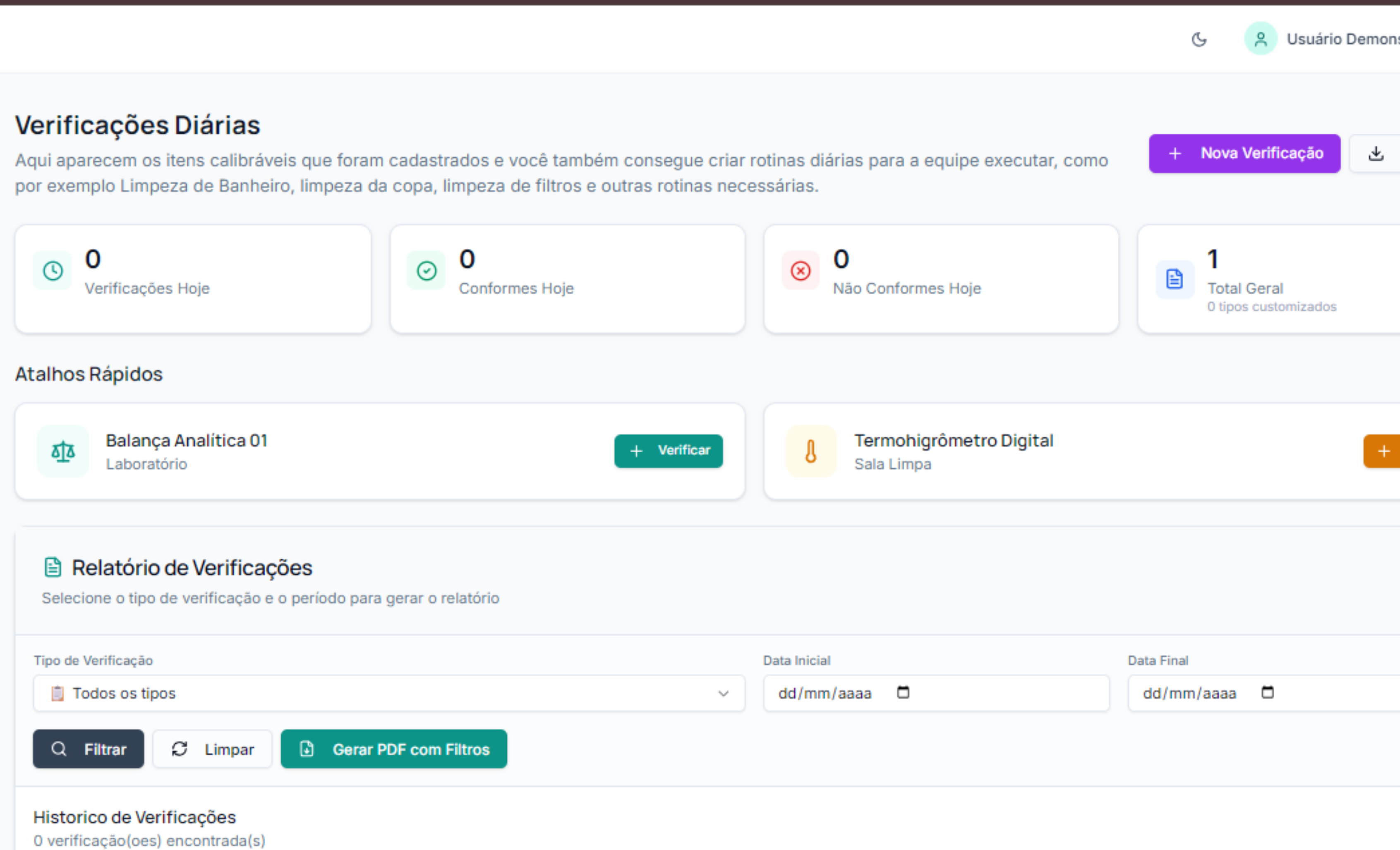 Tela de verificações diárias